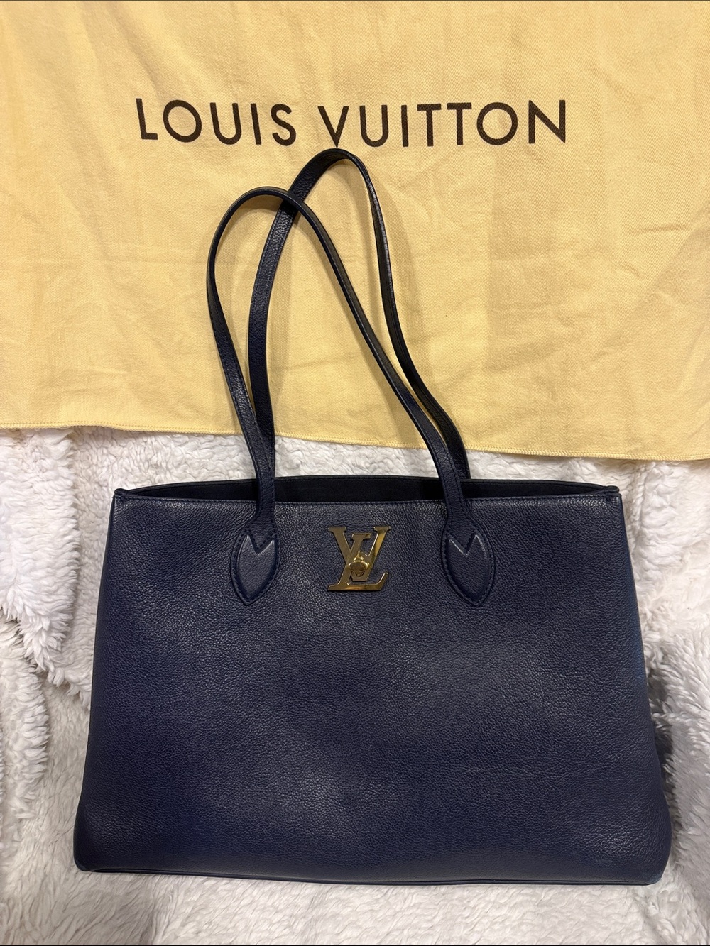 Louis Vuitton LockMe Cabas Navy Blue Leather Tote with Gold LV Kisslock Emblem